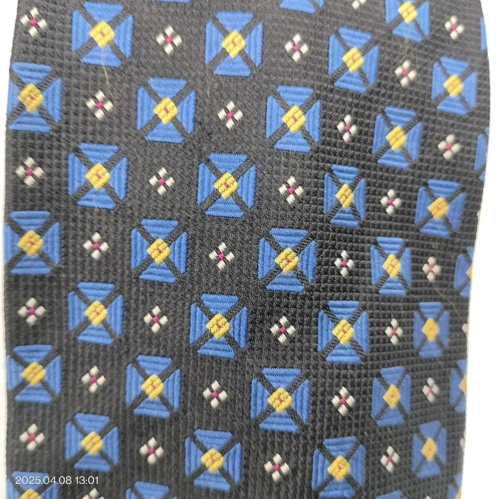 Paul Frederick Necktie Black Blue Yellow Accent Geometric Textured Men's Silk